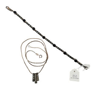 Black Onyx Marcasite Bracelet & Pendant Necklace Set 925A Thailand Silver